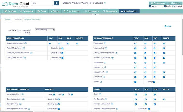 Dermatology EHR access screen